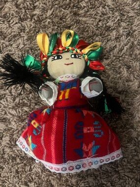 Handmade Mexican Ribbon Doll - Red Multi-Color Dress
